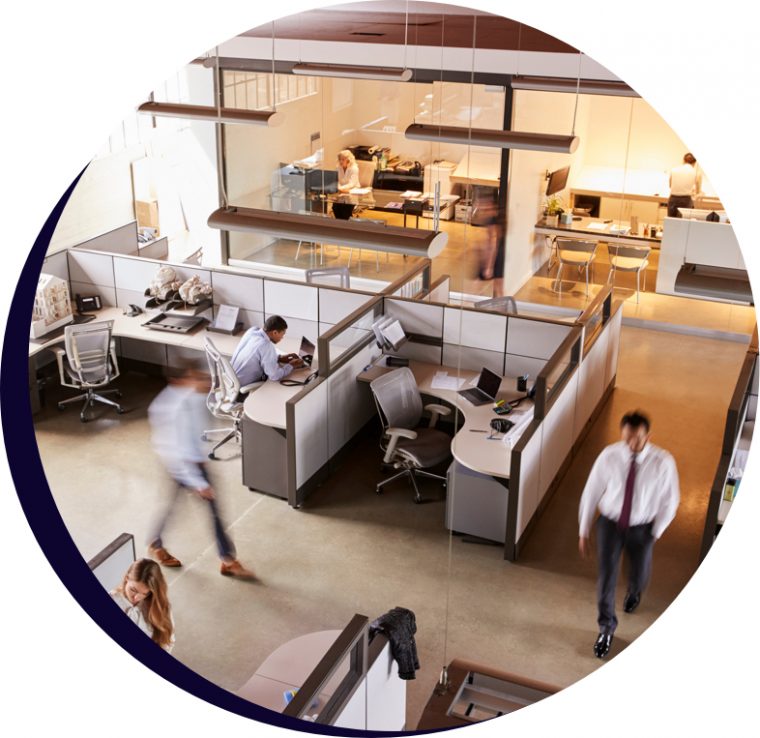 Looking down at a busy office floor