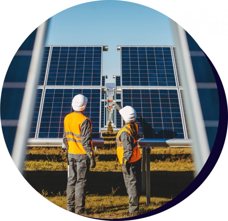 Solar farm with two workers discussing a solar panel.